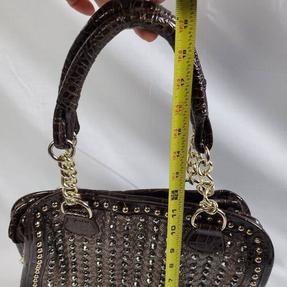 Brown Studded Faux Croc Tote Purse Gold Chain Handles Glam Satchel 13x11 - Picture 8 of 8